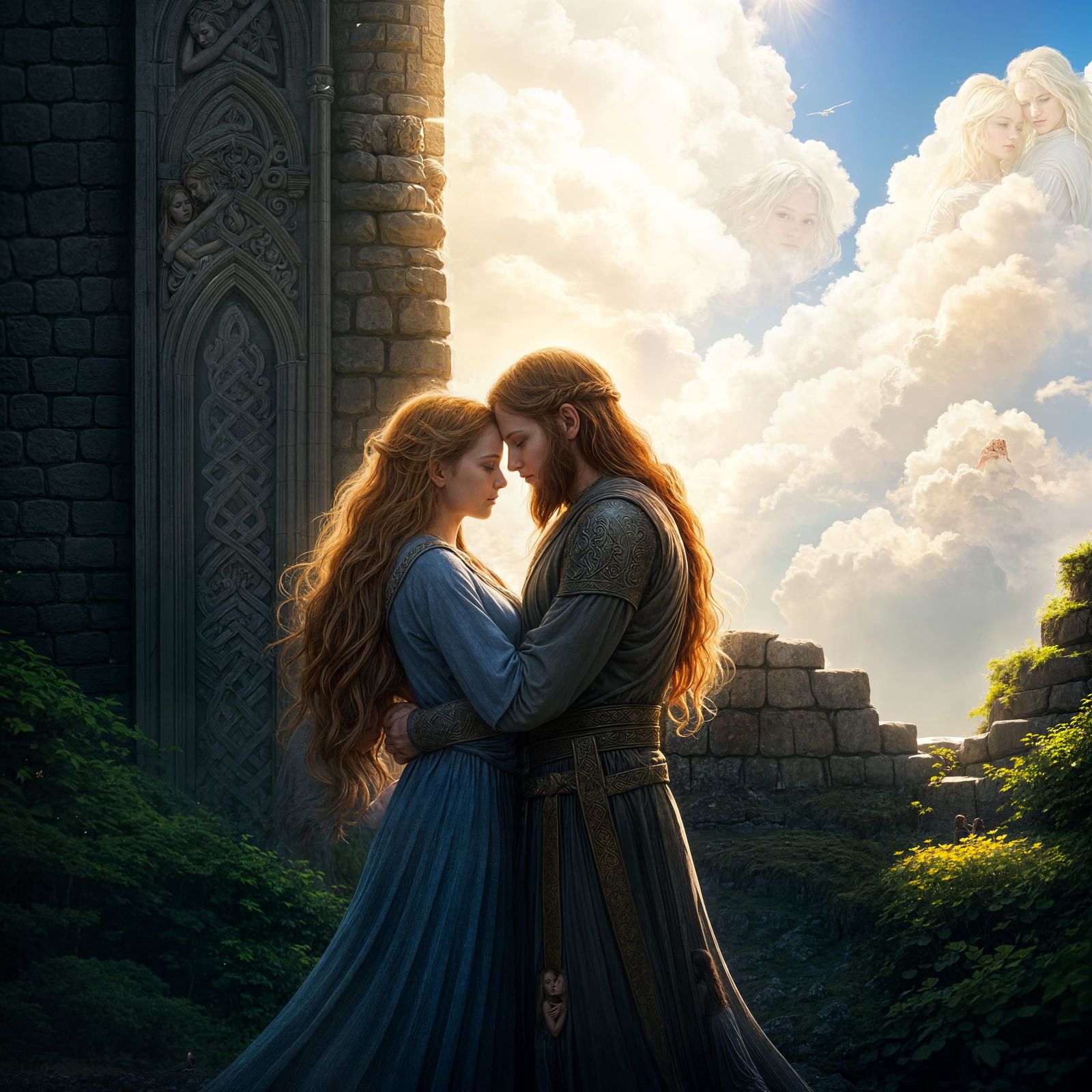 Oisin and Niamh Embrace in Divine Light