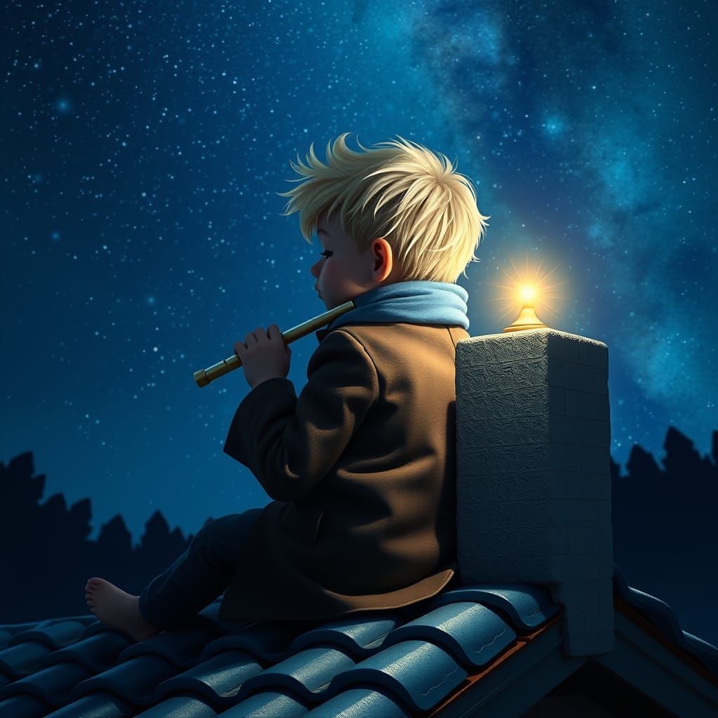 Mystical Boy Plays Flute Under Starry Night Sky