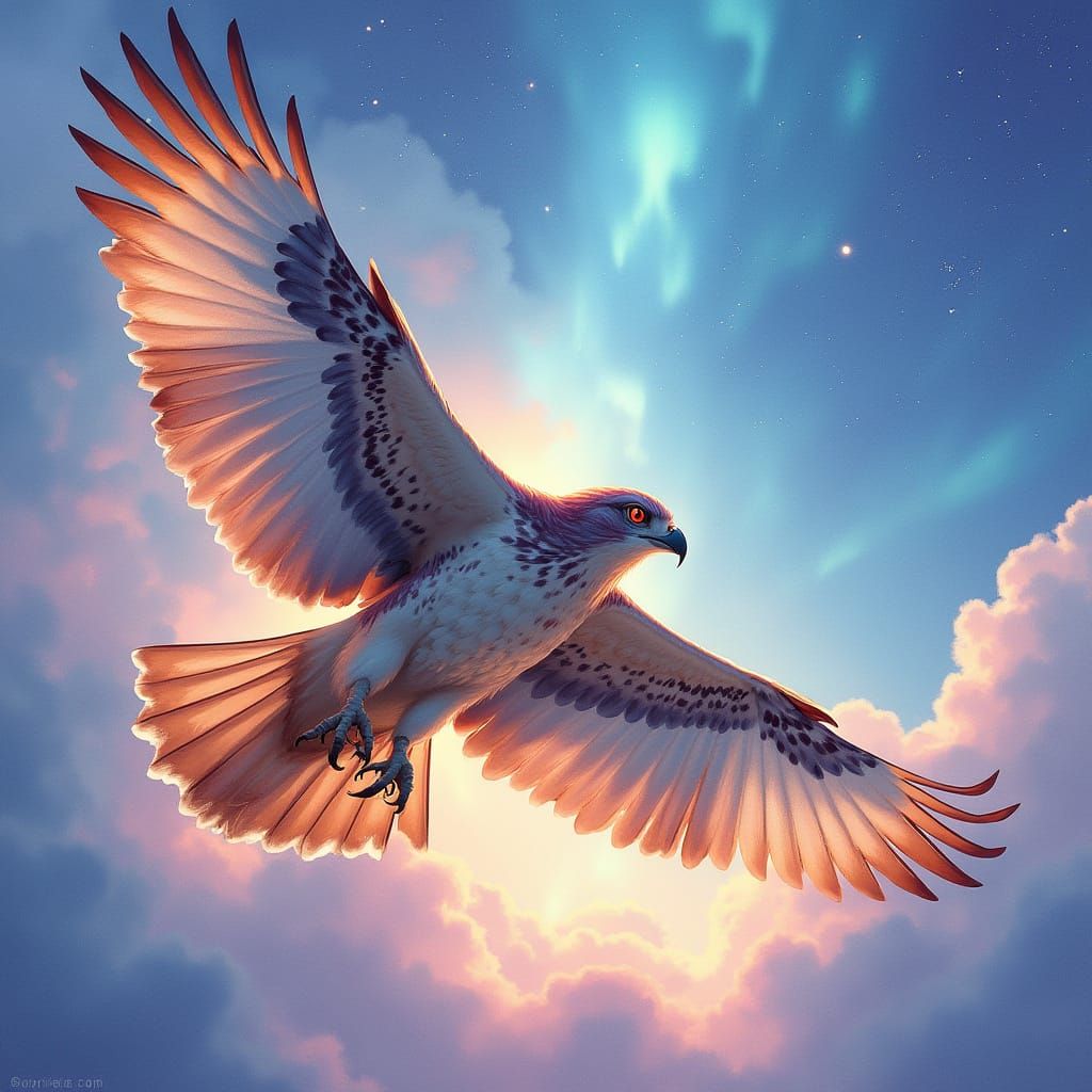 Iridescent Hawk in Ethereal Flight, Dreamy Fantasy Illustrat...