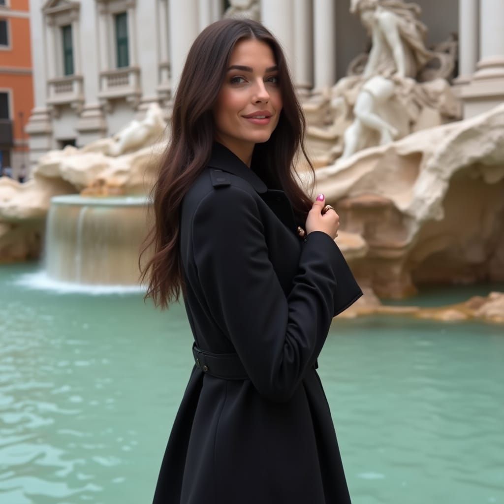 Elegant Young Woman in Trevi Fountain Inspired by Paolo Rove...