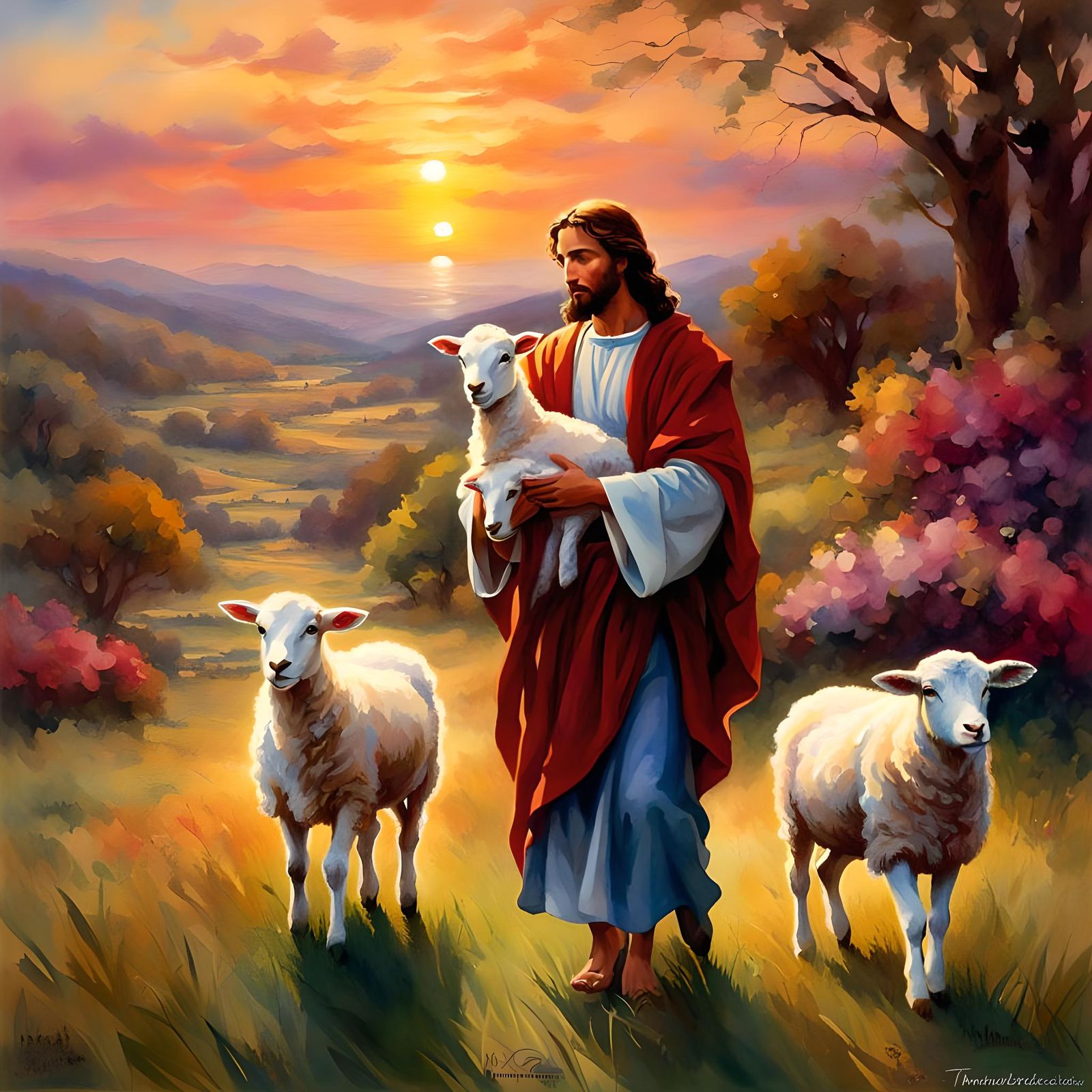 Jesus and Lamb at Sunset: Watercolor Illustration