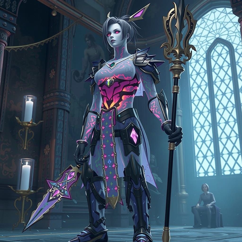 Armored Fantasy Woman with Rainbow Tattoos in 3D Anime Art