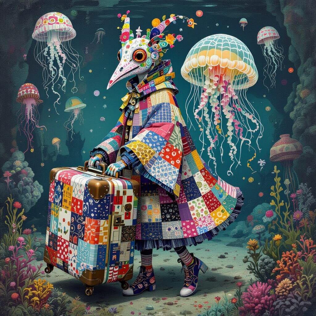 Hybrid Suitcase Creature in Surreal Underwater Folk Art