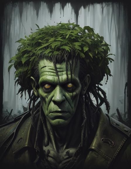 Sci-Fi Zombie Frankenstein in Rainy Jungle, Cel-Shaded Style