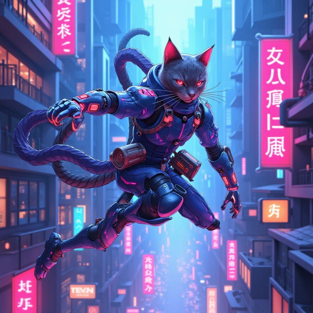 Cyber Ninja Cat-Boy Hybrid Leaps Through Neon City