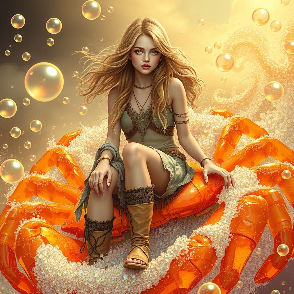 Woman on Gummy Crab in Effervescent Soda Sea