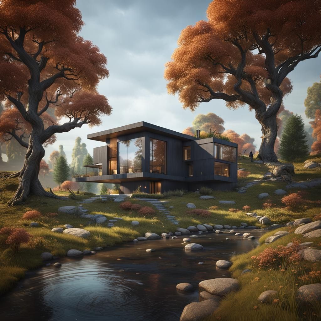 Riverside Home in Detailed Matte Painting Style