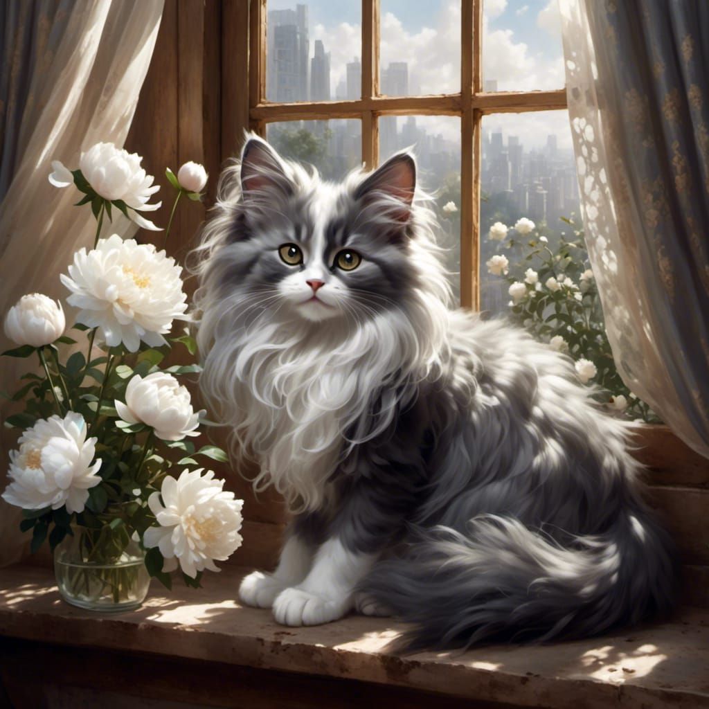 Fluffy Gray Kitten with Peonies in Animation Style