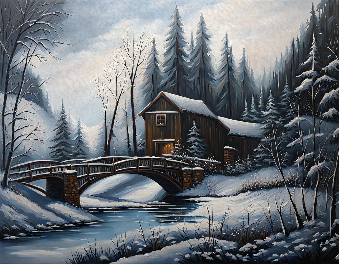Winter Bridge in Oil Painting Style