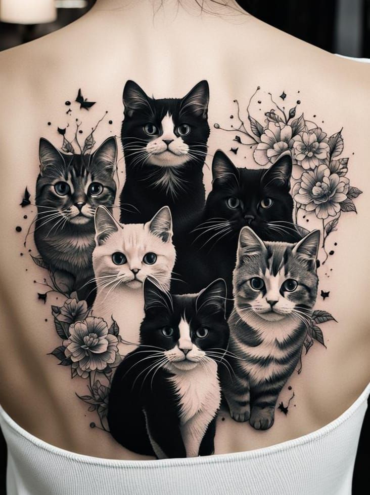 Detailed Cat Tattoo on Woman's Back in Kawaii Style