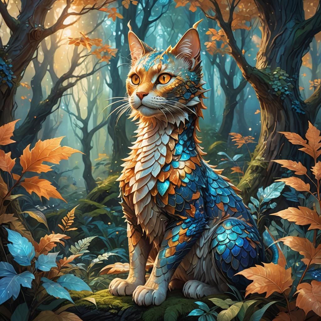 Cat Dragon in Mystical Forest: Oil Painting