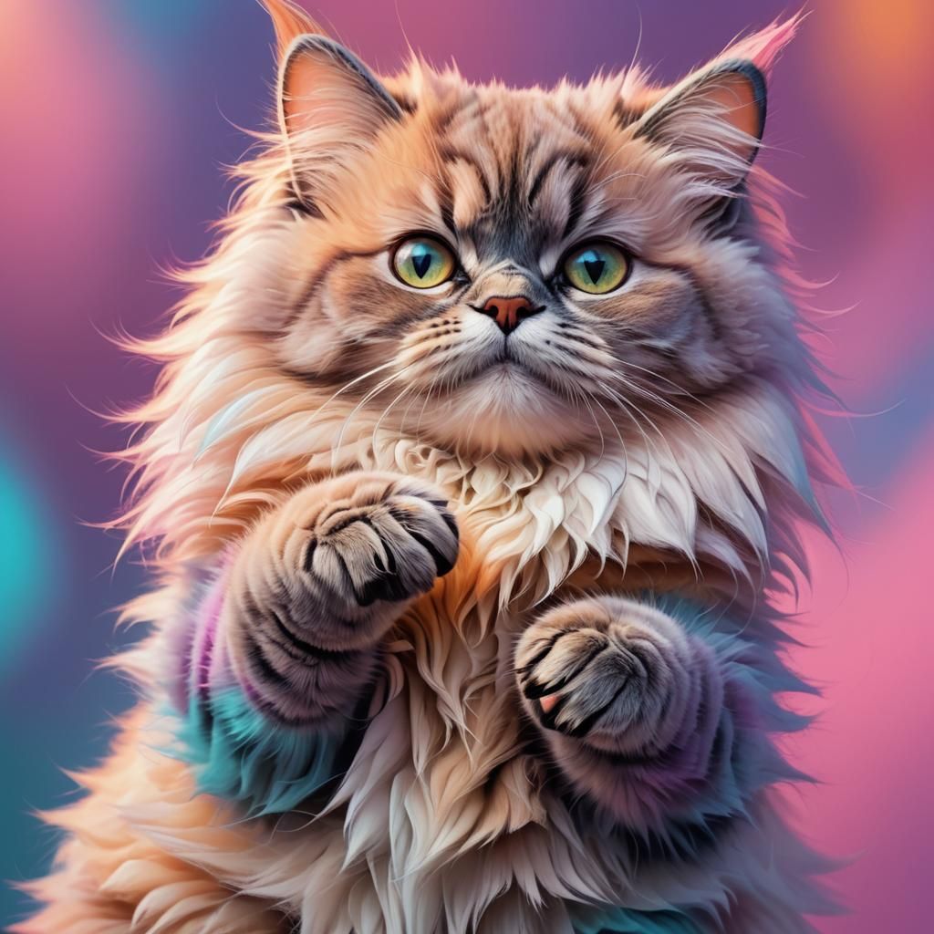 Fluffy Cat on Fingertip in Hyperrealistic Digital Art