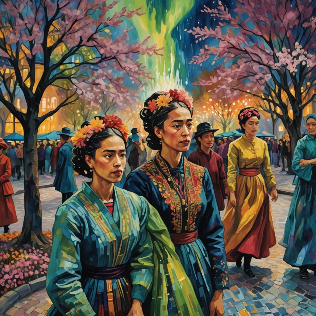 Impressionistic Portrait: People Gather Under Northern Light...