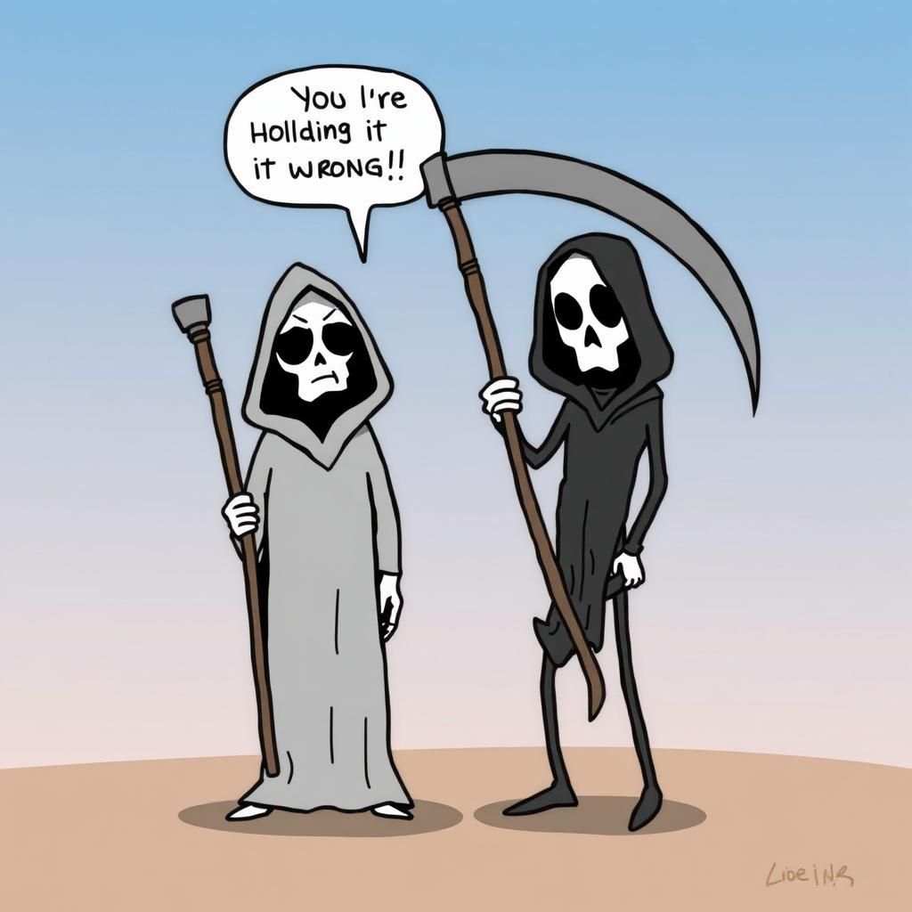 Humorous Grim Reapers Cartoon with Upside Down Scythe