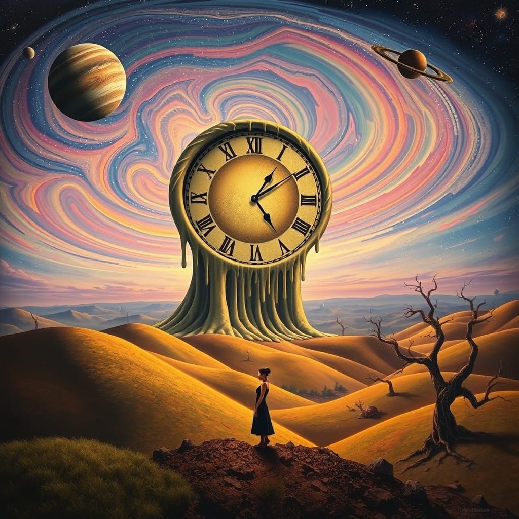 Surreal Cosmic Landscape with Melting Clock Tower