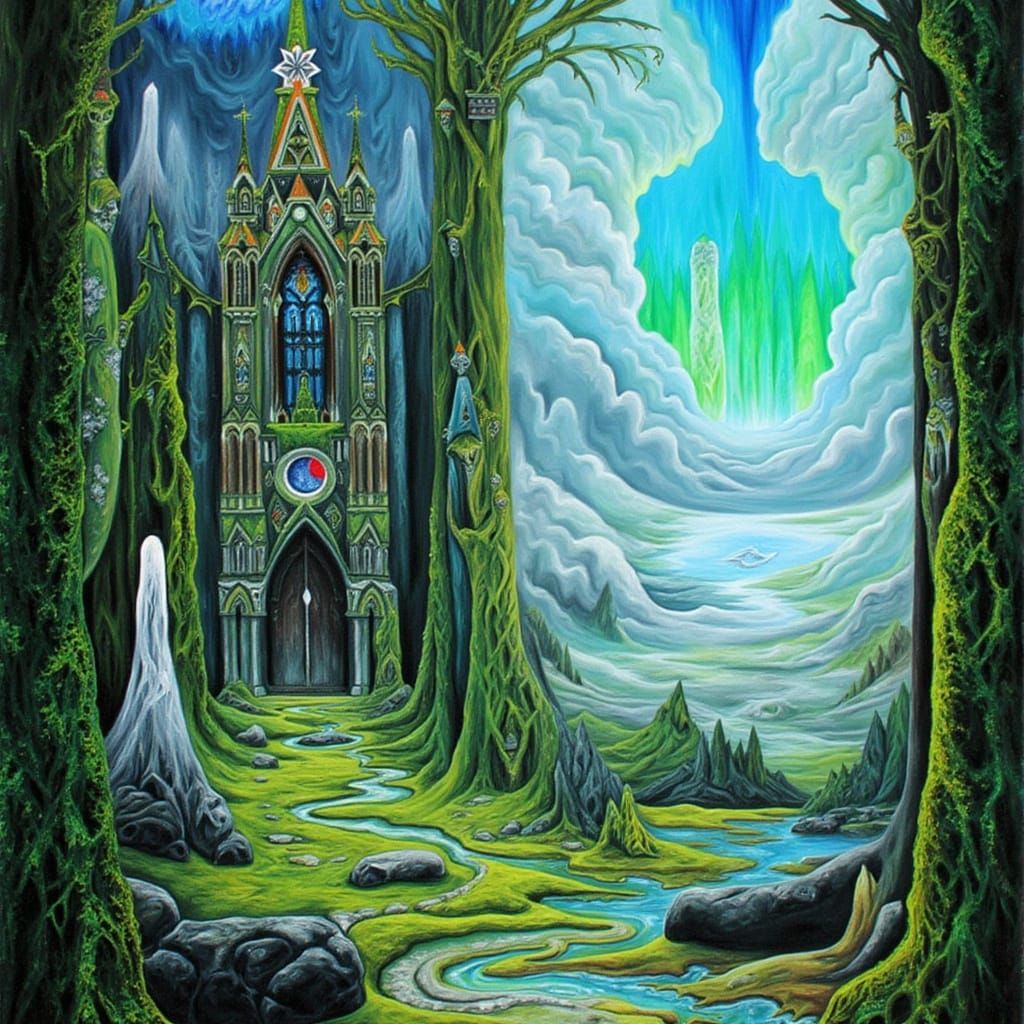 Gothic Cathedral in Dreamlike City with Aurora Borealis