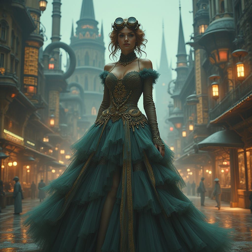 Surreal Steampunk Goddess in Cyber-Fantasy Cityscape