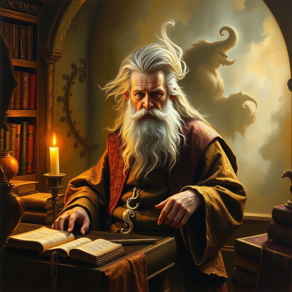 Mystical Study of an Enchanted Wizard in a Dreamlike Setting
