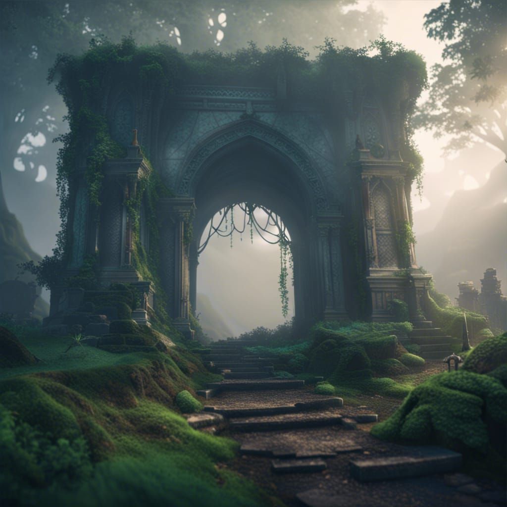 Overgrown Elvish Ruins in Mist and Fog
