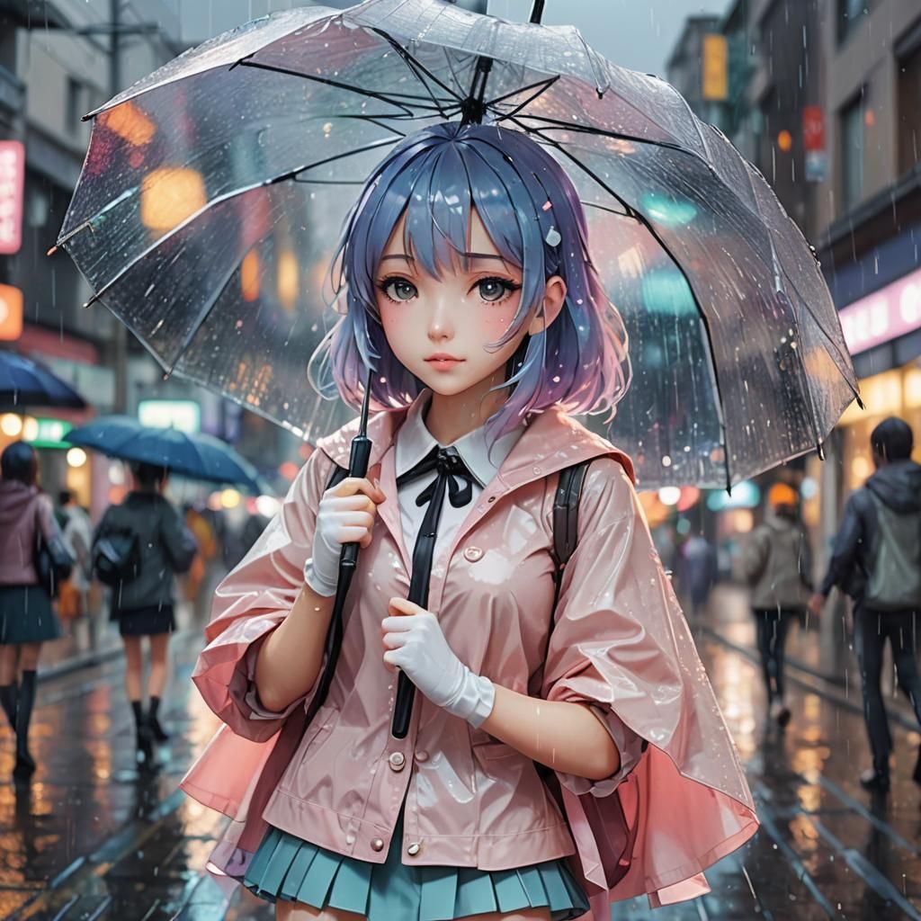 Cute Anime Girl with Umbrella in Moe Style