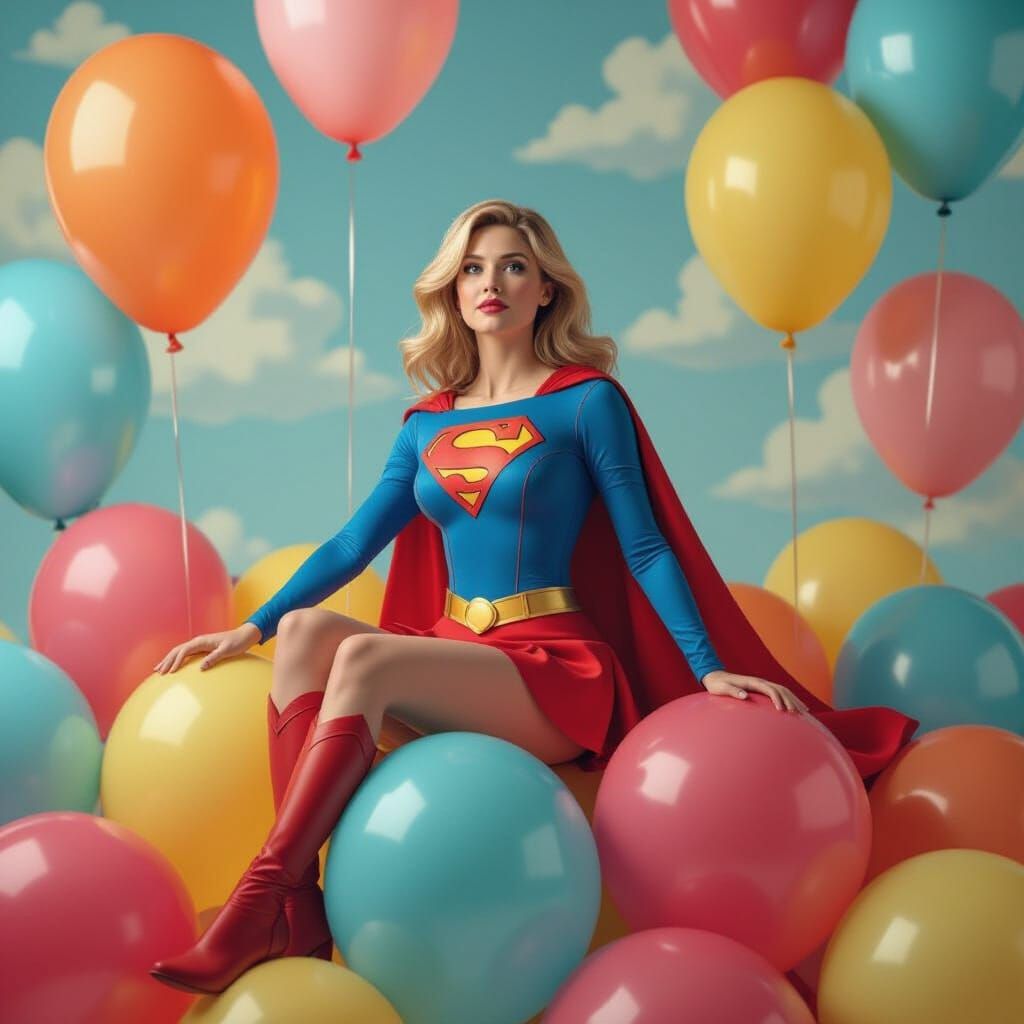 Supergirl on Balloons in Pop Surrealist Style