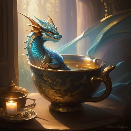 Cute Dragon Relaxing in Teacup Oil Painting