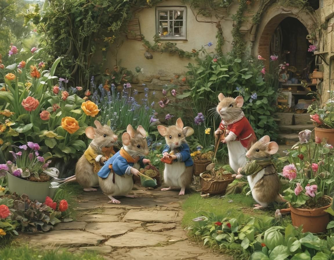 Mouse Family Gardening: A Whimsical Illustration