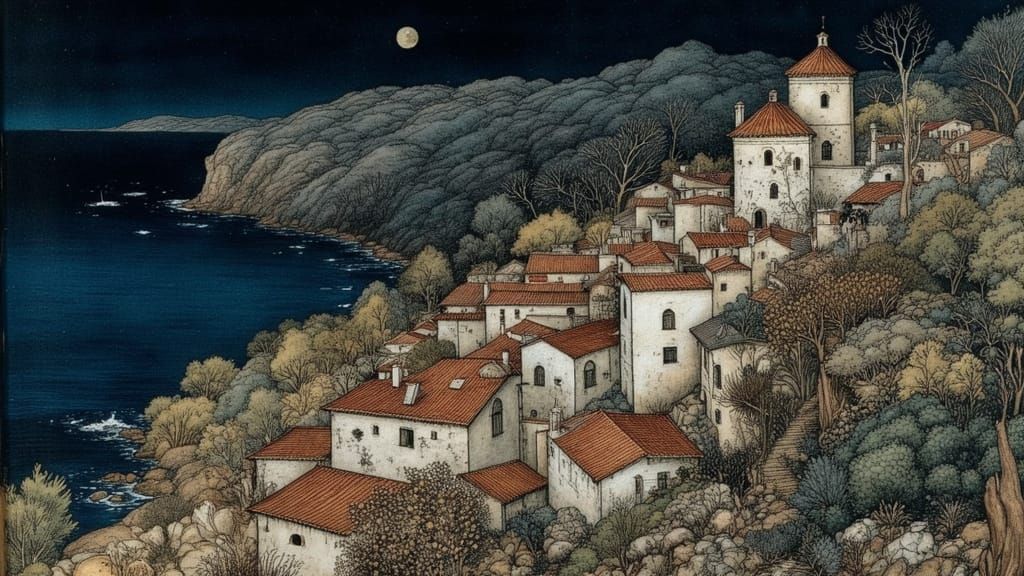 Greek Village at Night in Arthur Rackham Style