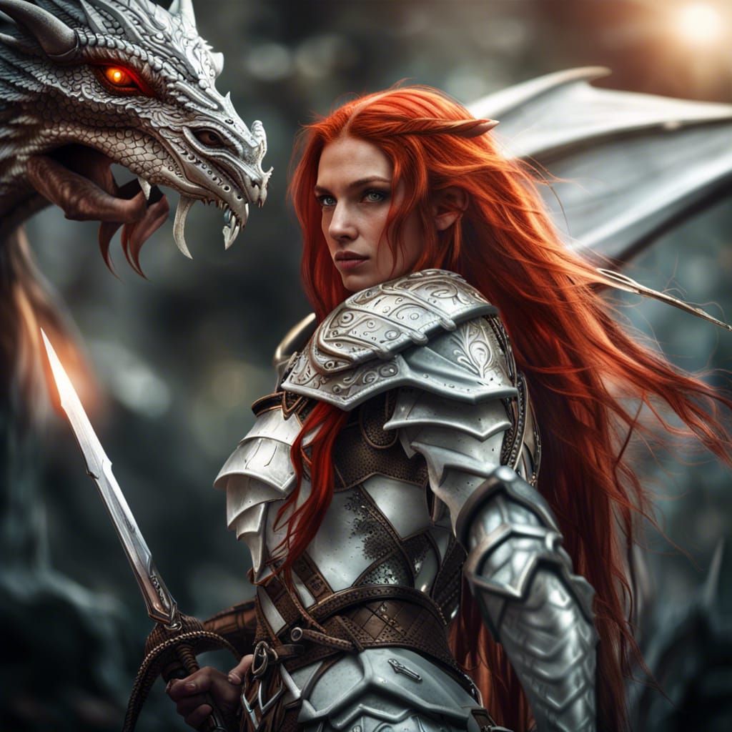 Hyperrealistic Elf with Daggers Against Dragon