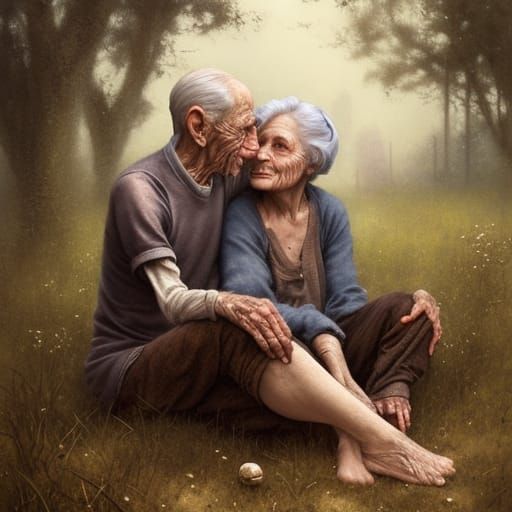 Intricate Portrait of an Elderly Couple in Park