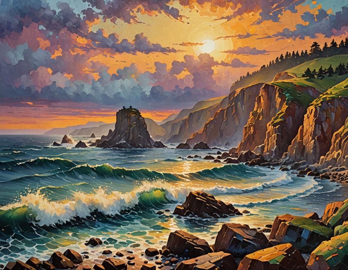 Stormy Sunset Seascape in Pointillism Style