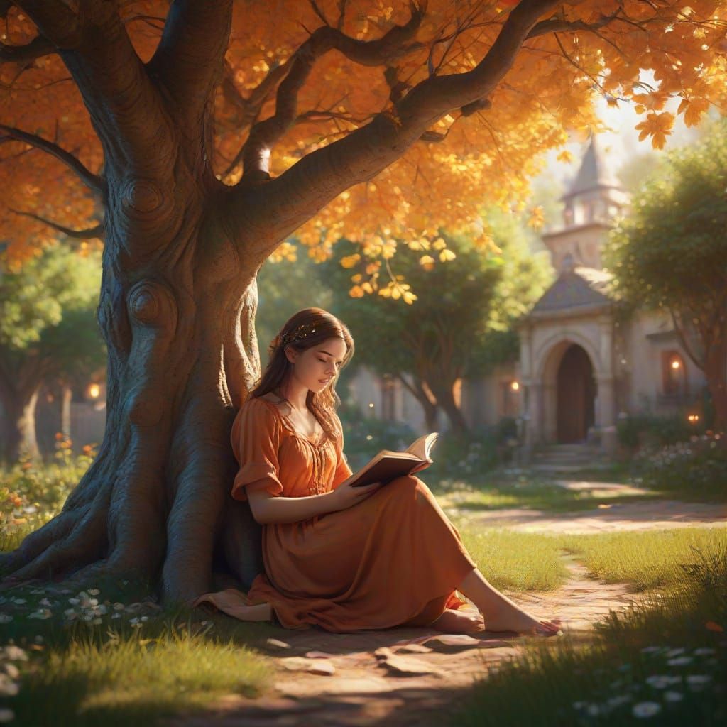 Whimsical Fantasy Girl Reads Under an Apple Tree