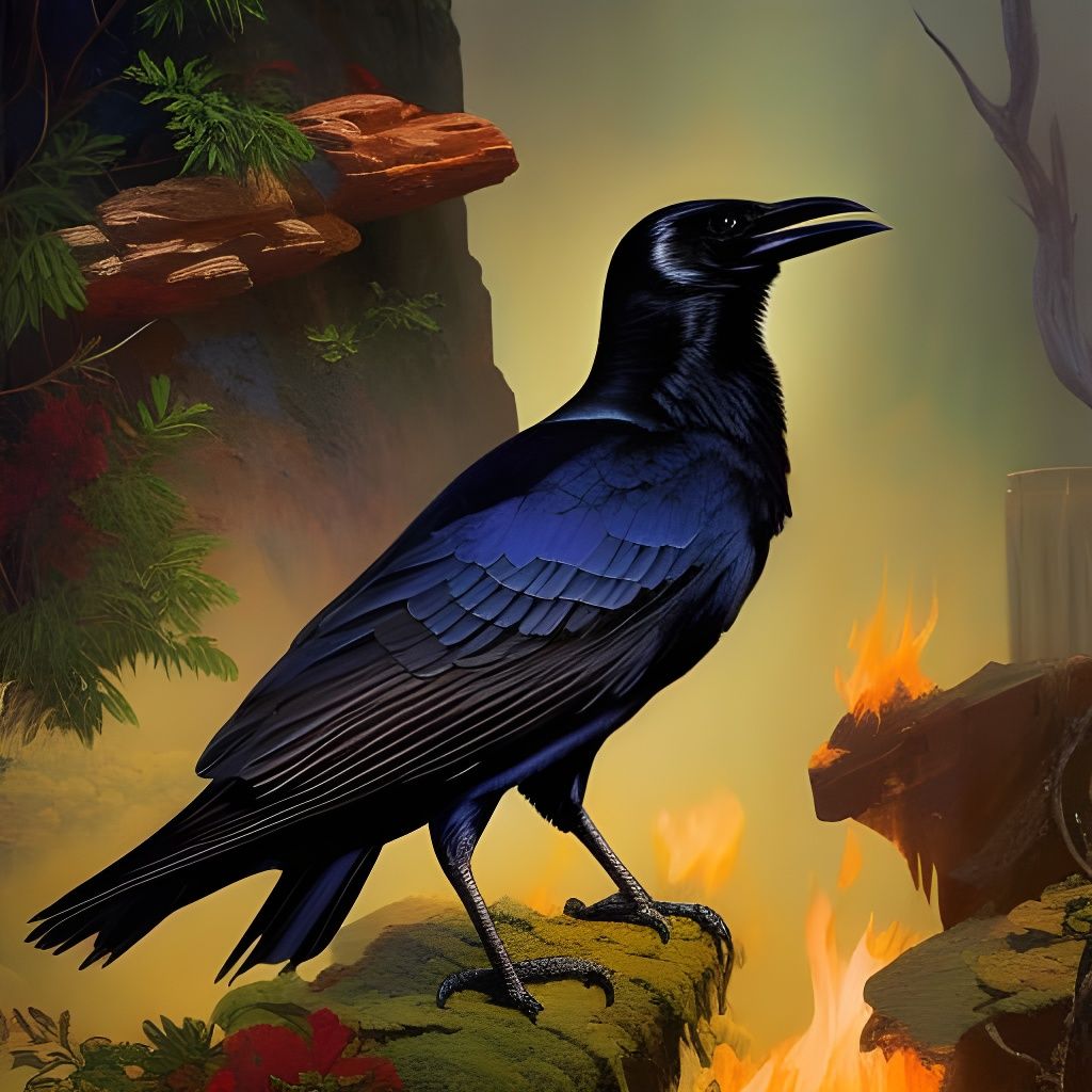 Mythical Raven in Apothecary, Cartoon Illustration