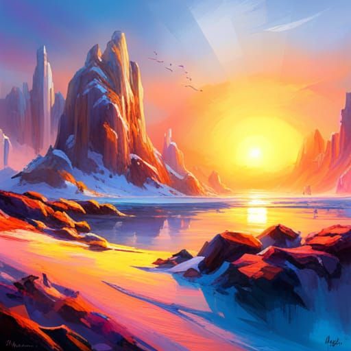 Colorful Sunrise Refracts in Ice Landscape