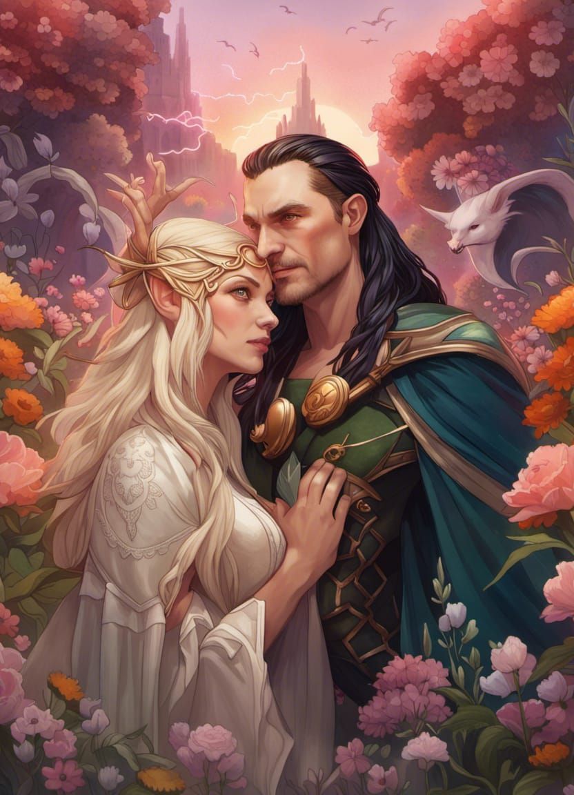 Hel and Loki in a Sunset Garden, Hyperdetailed Art