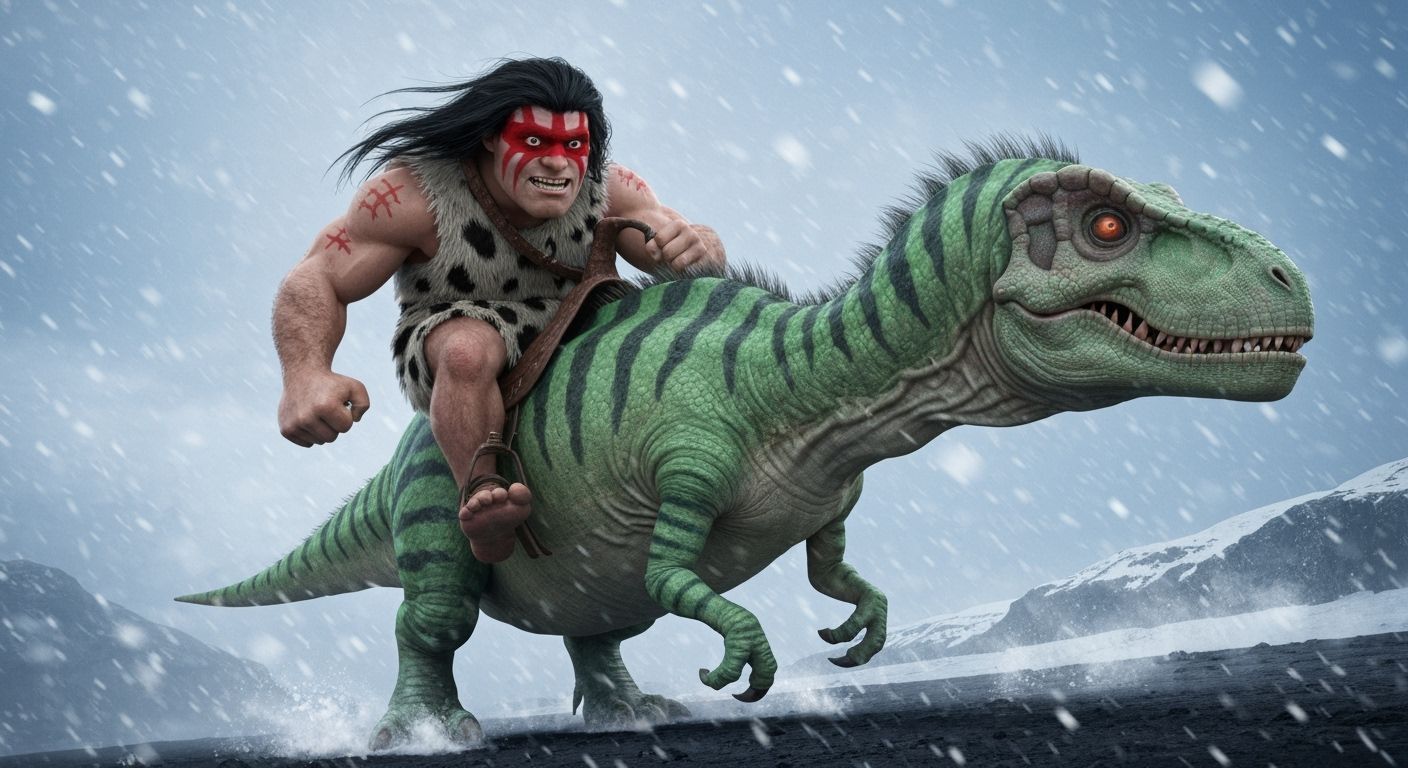 Caveman Rides T-Rex in Iceland Snowstorm