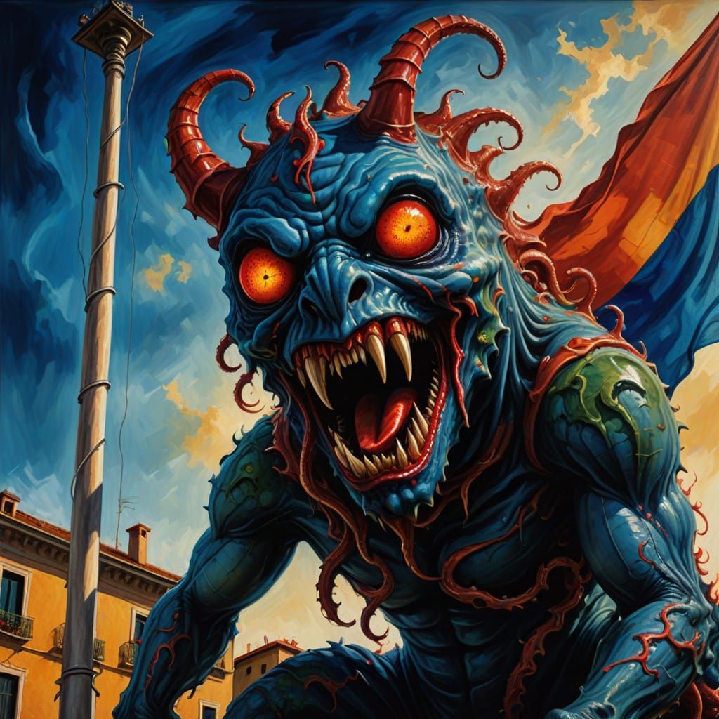 Surreal Italian Monster Unveiled in Vibrant Oil Painting
