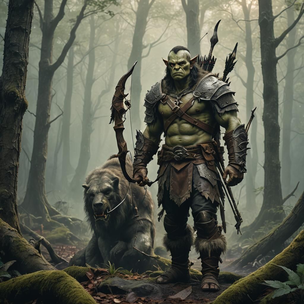 Orc Archer in Misty Forest: Fantasy Illustration