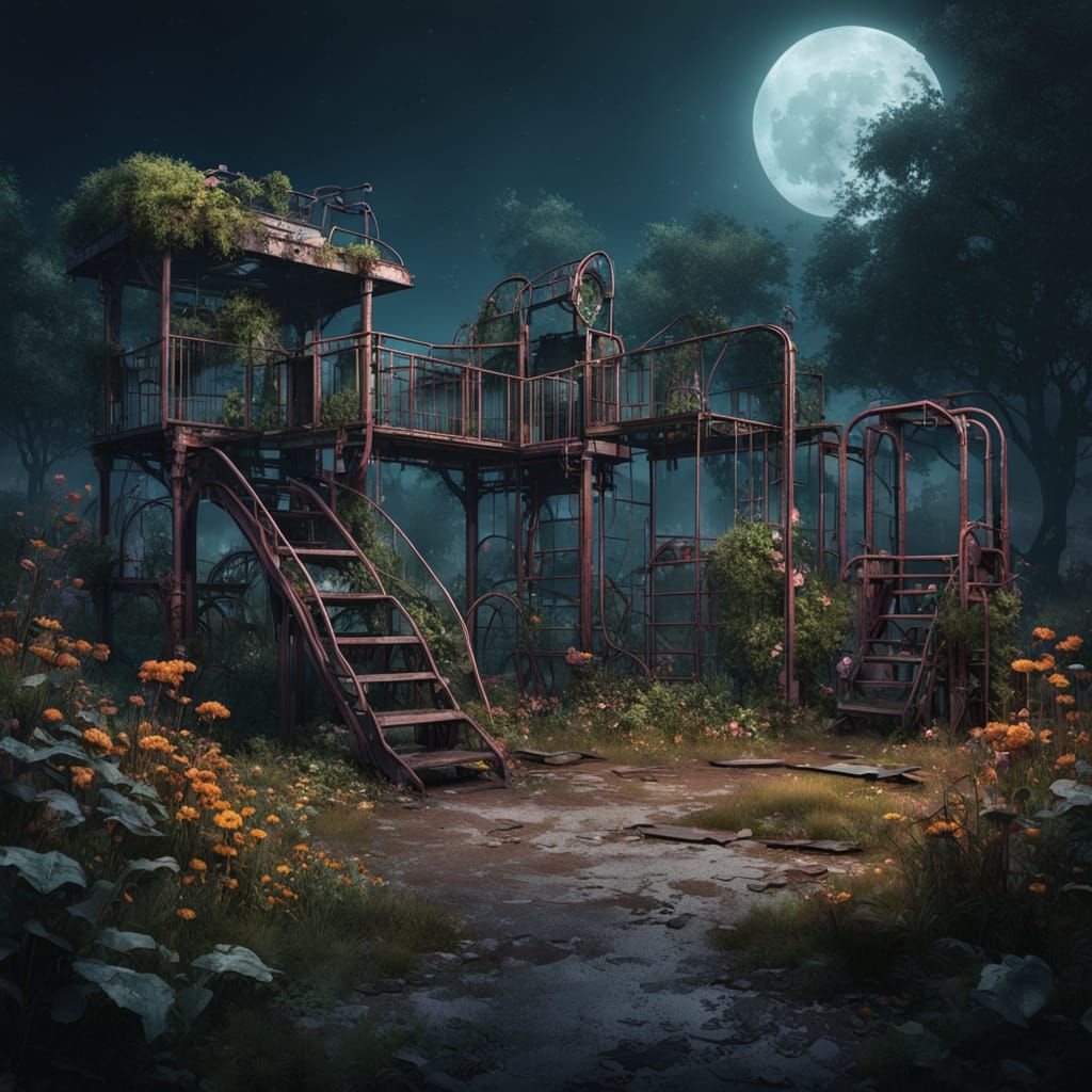 Dystopian Playground in Moonlight: Fantasy Concept Art