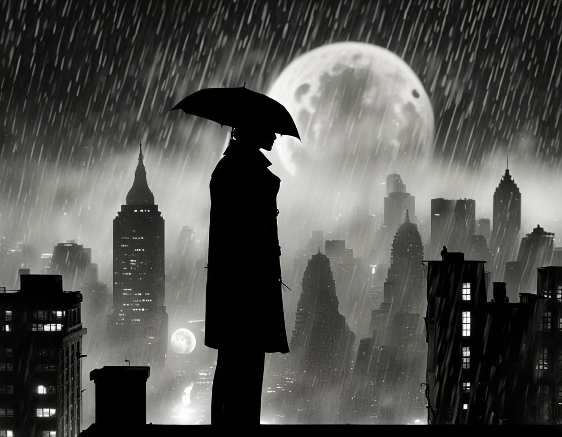 Dramatic Noir Detective in Rainy Cityscape