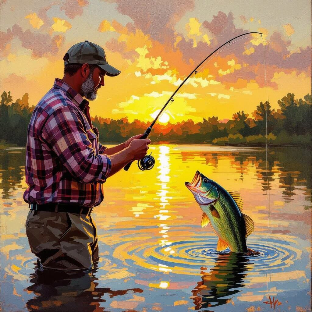 Man Catches Giant Bass in Impressionistic Lake Scene
