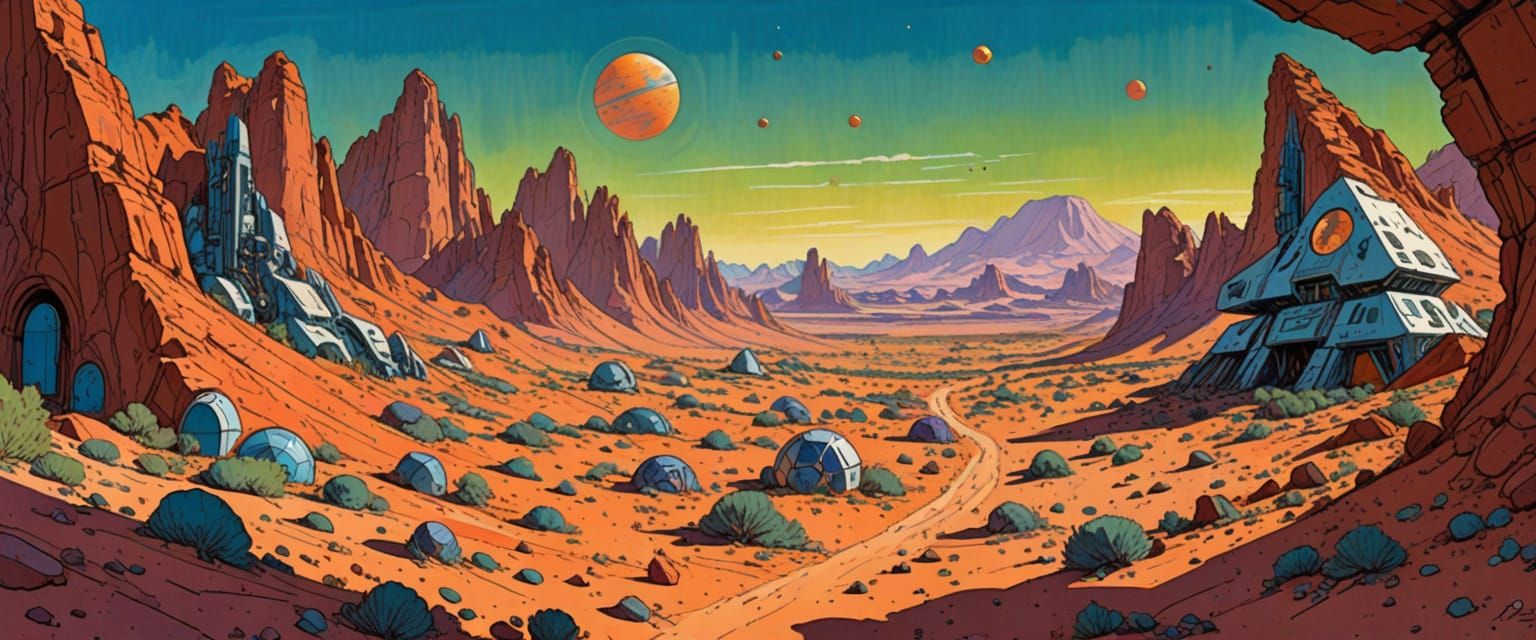 Bright Mars Colony in Gouache and Watercolor Style