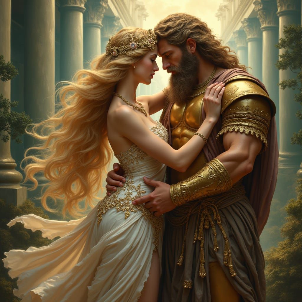 Golden Goddess Aphrodite Embracing the Bronze God Aries in M...