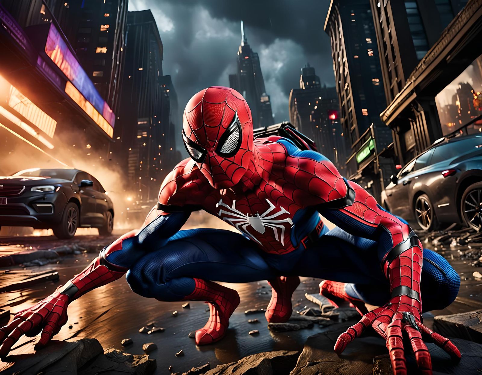 Hybrid Spider-Man and Batman in Dark Landscape