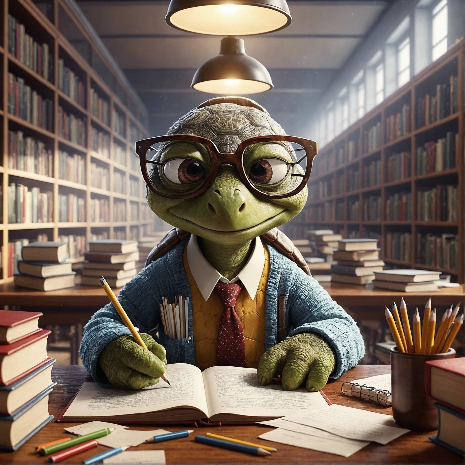 Cartoon Turtle Nerd Studying in Library