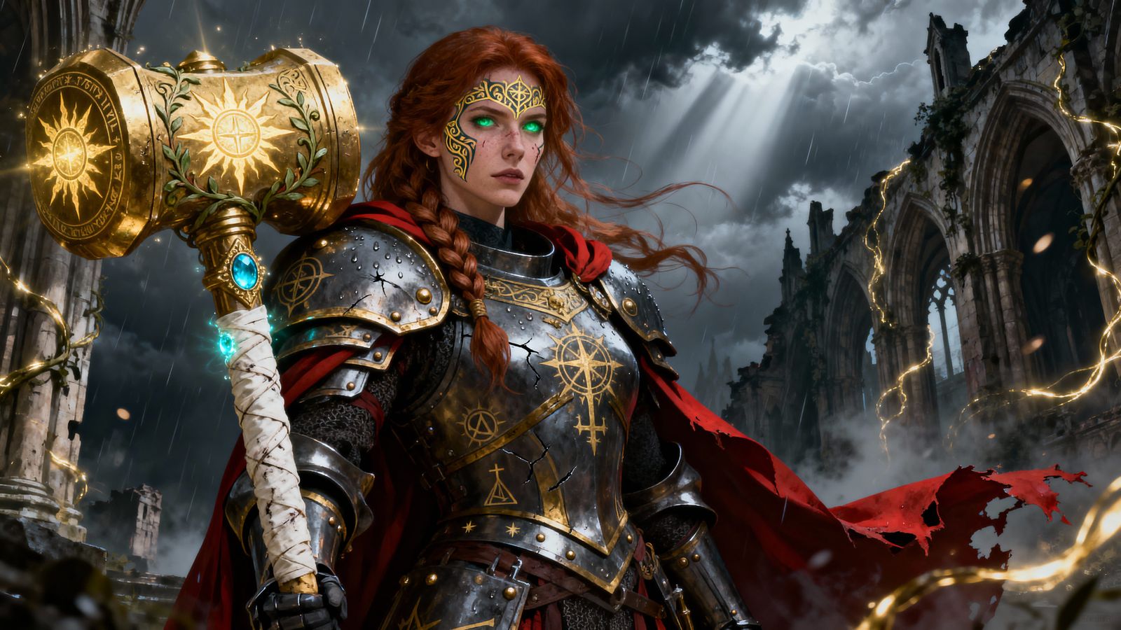 Fierce Paladin Woman with Glowing Eyes and Golden Warhammer