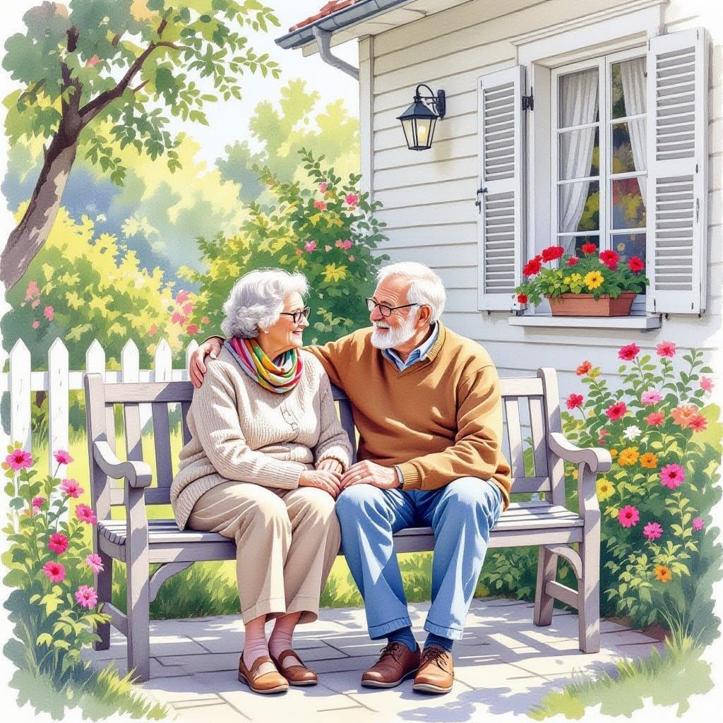 Elderly Couple Relaxing on Garden Bench in Watercolor Style