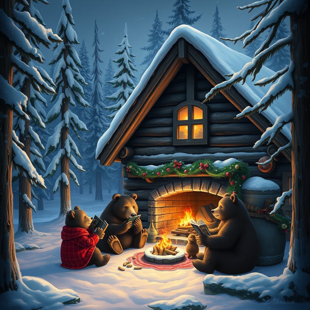 Winter Cabin Scene with Anthropomorphic Bears