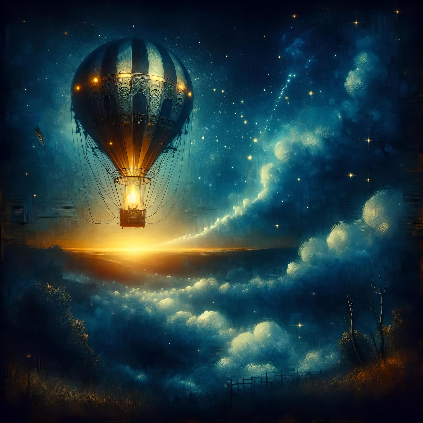 Steampunk Balloon Ascends in Romanticism Style Painting