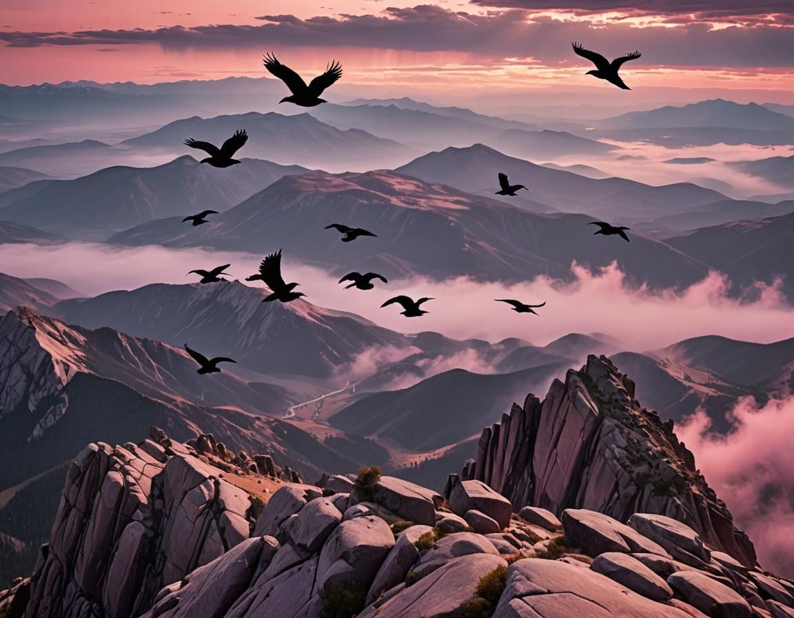 Ravens Fly Over Rocky Mountain Castle